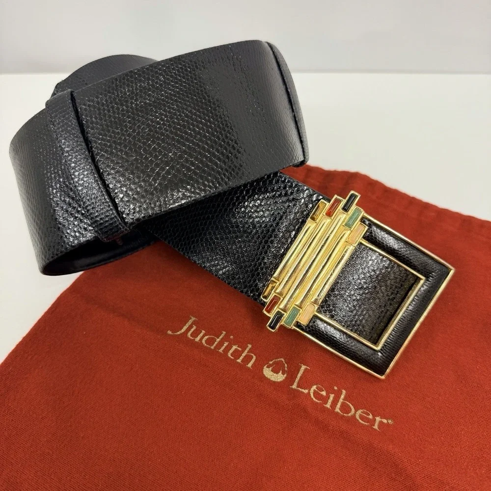 Vintage Judith Leiber Karung Belt Wide Black Multi Gemstone Buckle Adjustable